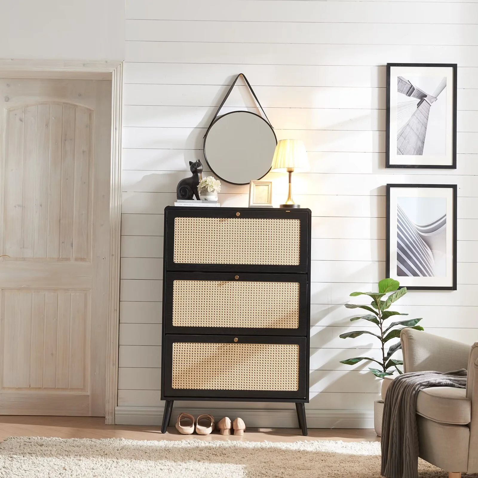 Sweiko Shoe Storage Cabinet with 3 Flip Drawer Natural Rattan Shoe Cabinet Organizer Freestanding Wooden Shoe Rack Storage Cabinet with Metal Legs for Entryway Hallway Bedroom Mudroom Black
