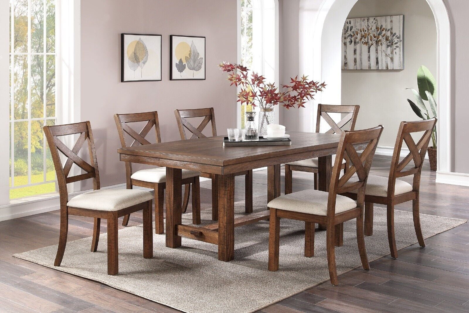 Modern Unique 7pc Dining Set Table 6x Side Chairs Cushion Upholstered Solid wood Kitchen Dining Room Furniture Natural Finish