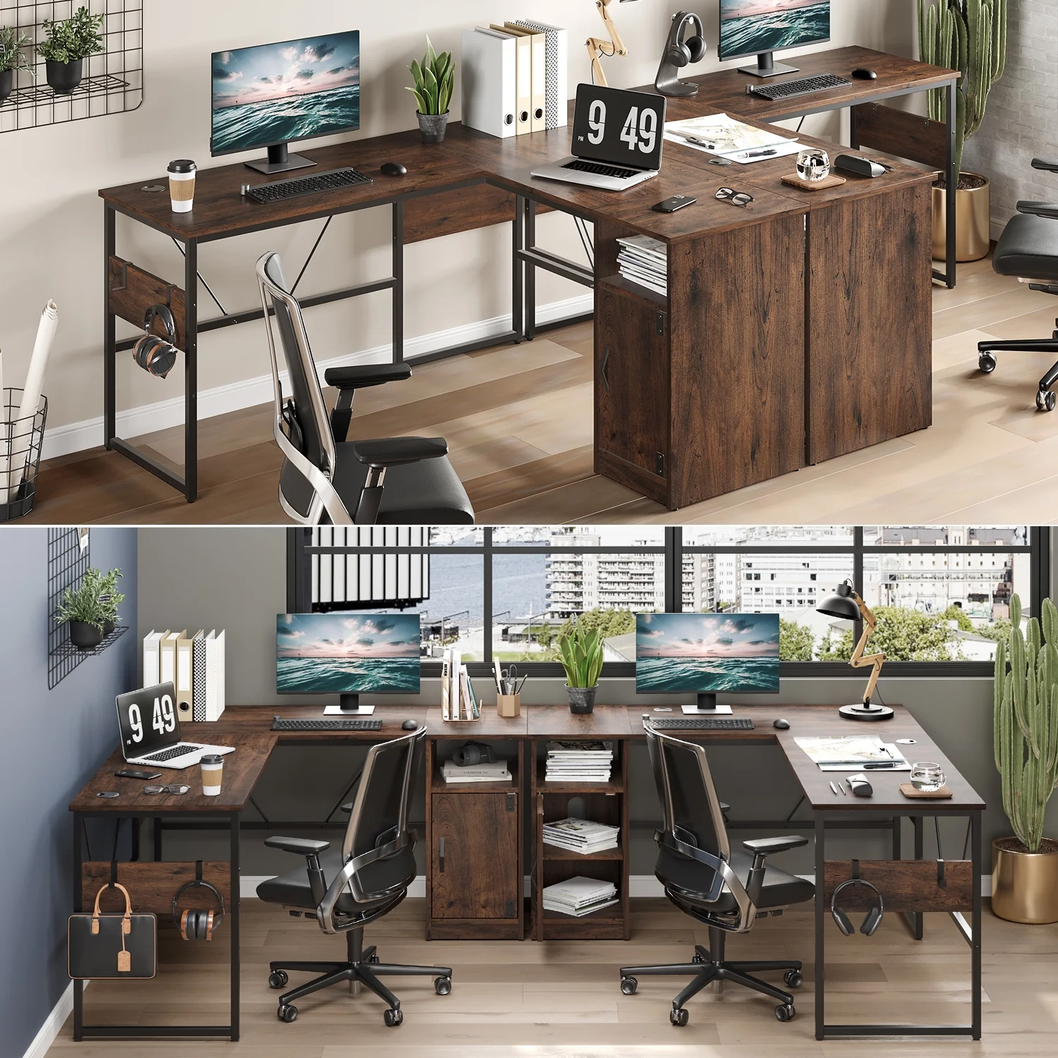 Bestier Reversible 60 inches L Shaped Computer Desk with Storage Cabinet Long Desk for 2 Person Cherry