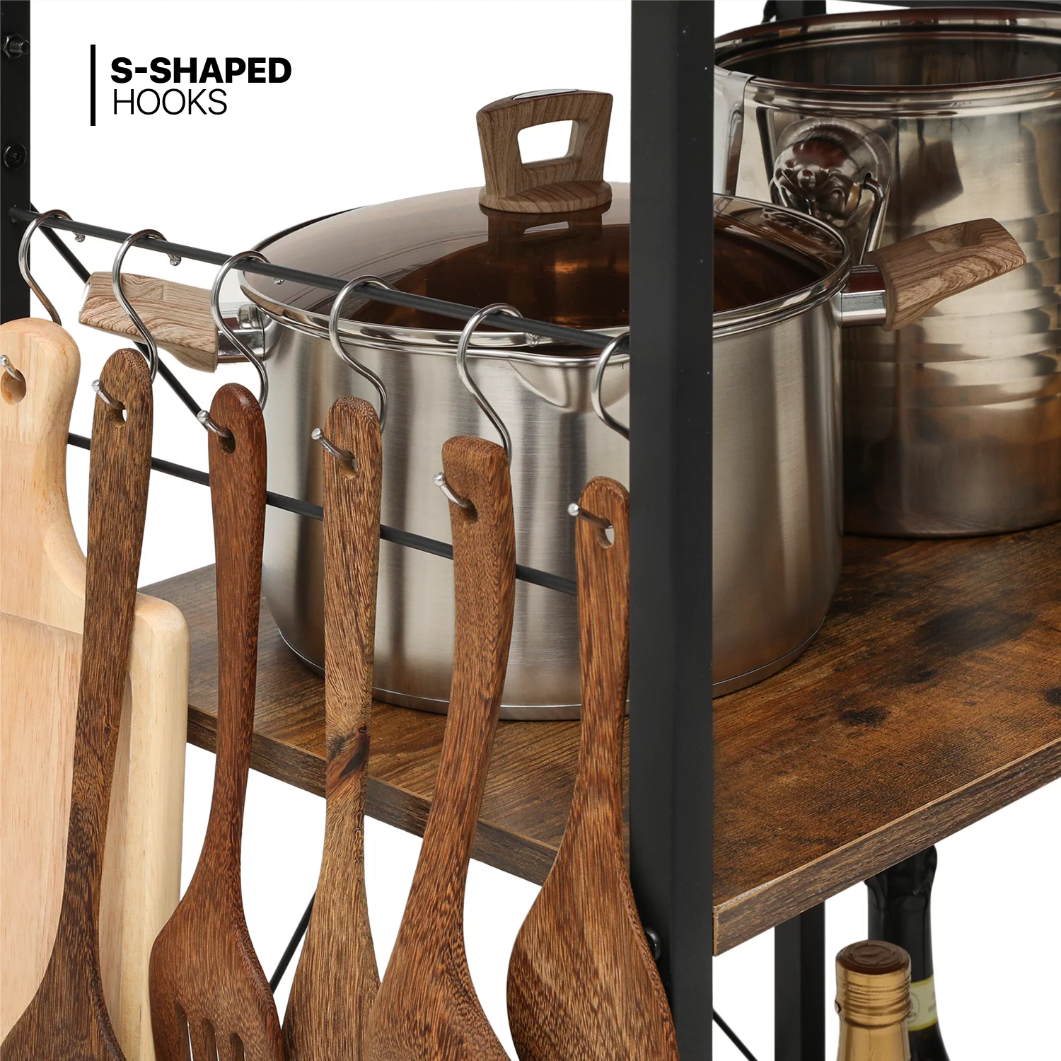 MoNiBloom Kitchen Bakers Rack, Utility Storage Shelf with Wire Basket, 6 Shelves Microwave Oven Stand for Spice, Pots and Pans, Brown