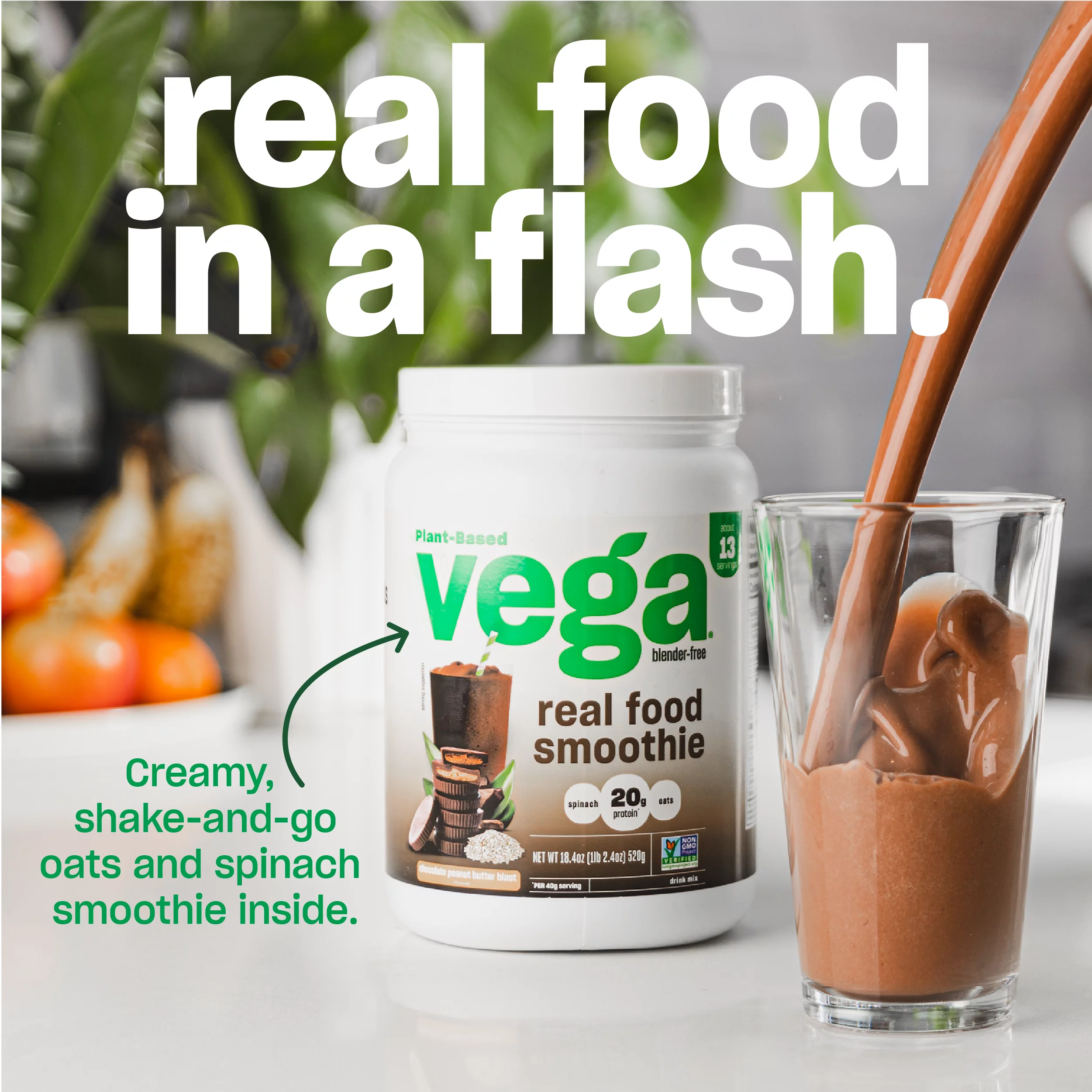 Vega Real Food Smoothie, Wildberry Bliss, Vegan Protein Powder, 20g Plant Based Protein, 19 Oz (14 servings)