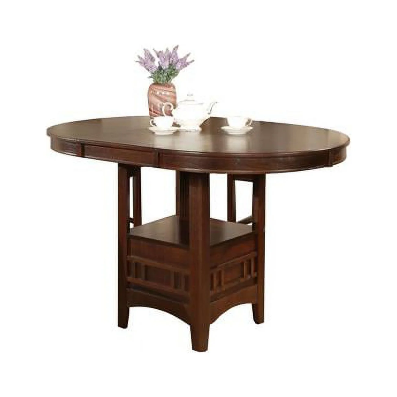 Extendable Round Wooden Counter Height Table with Open Bottom Shelf, Brown