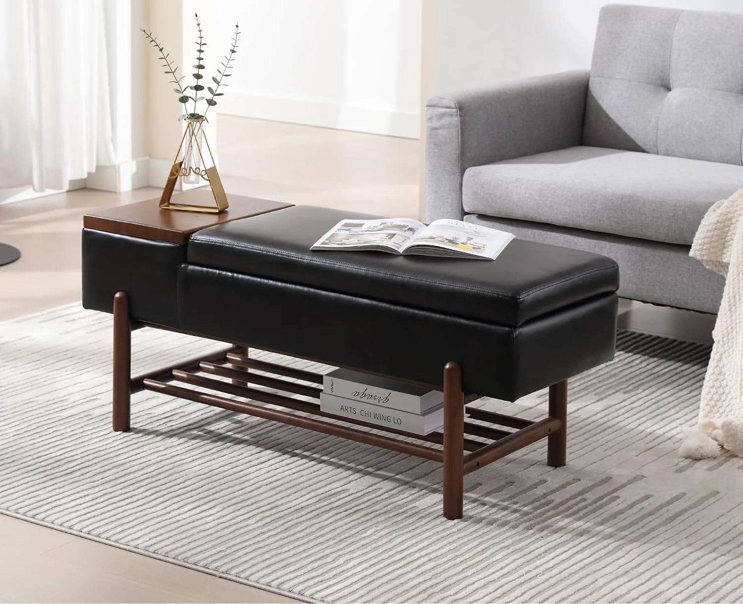 Modern Storage Bench for Bedroom End of Bed Leather Ottoman Bench with Storage Upholstered Entryway Bench with Wood Shoe Rack Farmhouse Long Seating Bench for Hallway/Foyer, PU Black