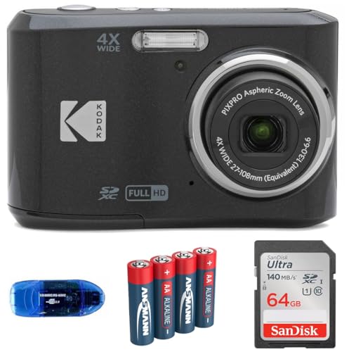 KODAK Pixpro FZ45 Digital Camera Bundle, Includes: SanDisk 64GB SDXC Memory Card, Spare Batteries and Card Reader (4 Items) (Black)