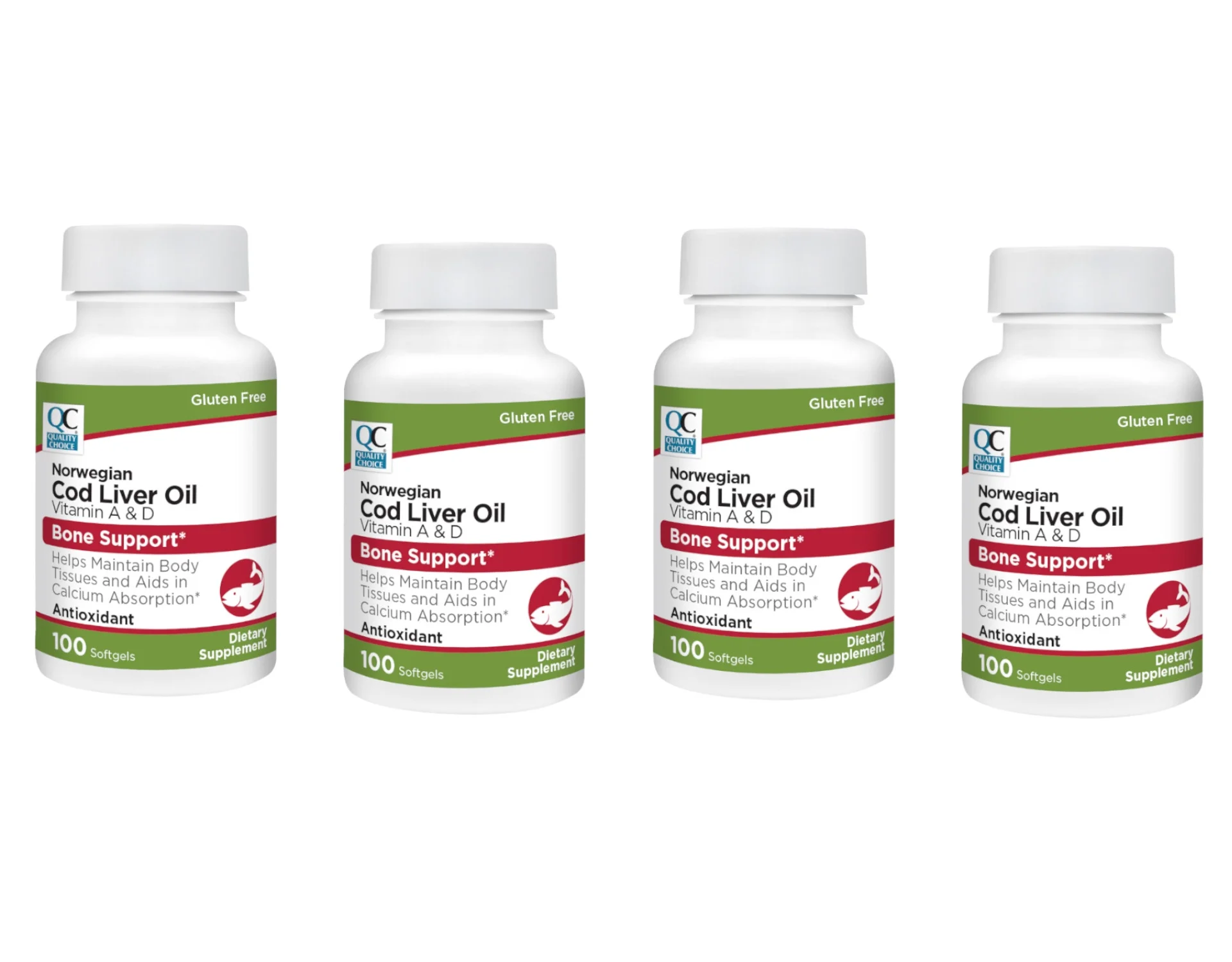 Quality Choice Norwegian Cod Liver Oil Vitamin A & D Bone Support Softgels, 100 Count - Pack of 4
