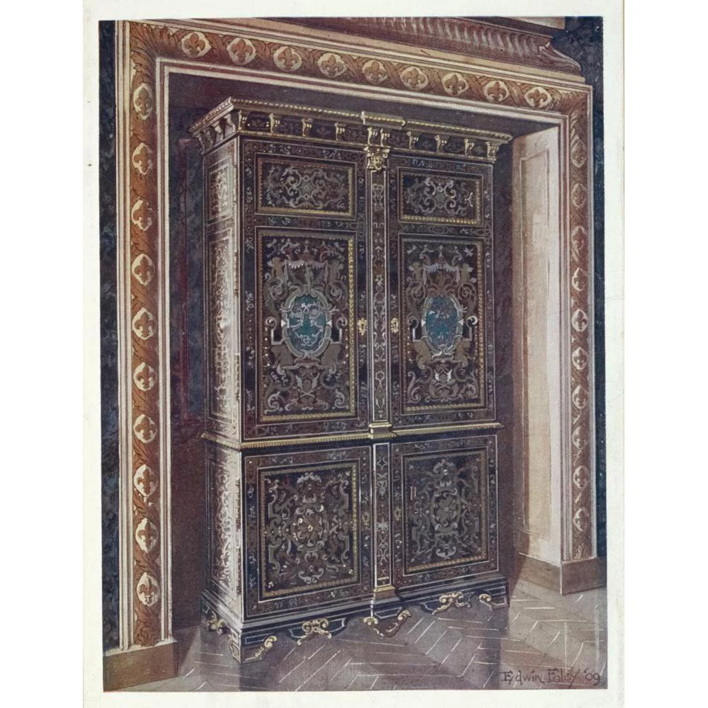 Edwin Foley 15x18 Gold Ornate Wood Frame and Double Matted Museum Art Print Titled - Armoire in Ebony with Inlays of Engraved Brass and White Metal (1910 - 1911)