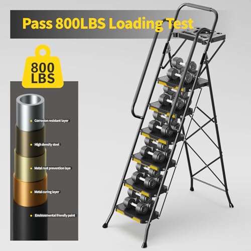 KINGRACK 6 Step Ladder with Tool Platform, Folding Step Stool with Handrails, Sturdy Steel Ladder with Wide Pedal, 800 LBS Portable Safety Ladder for Painting Home Outdoor Garage