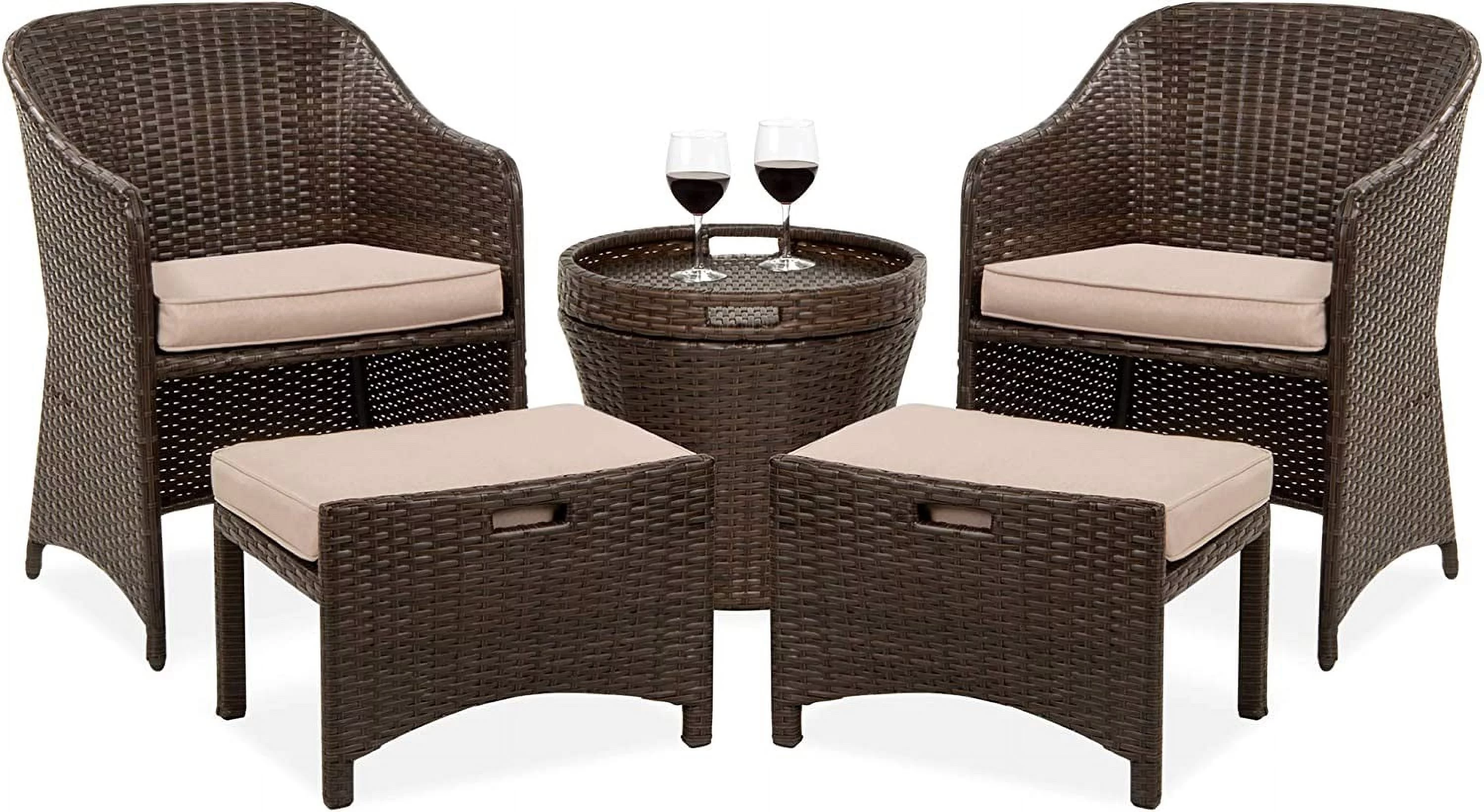 5-Piece Outdoor Patio Furniture Set, No Assembly Required Wicker Conversation Bistro & Storage Table for Backyard, Porch, Balcony w/Space-Saving Design - Brown/Beige