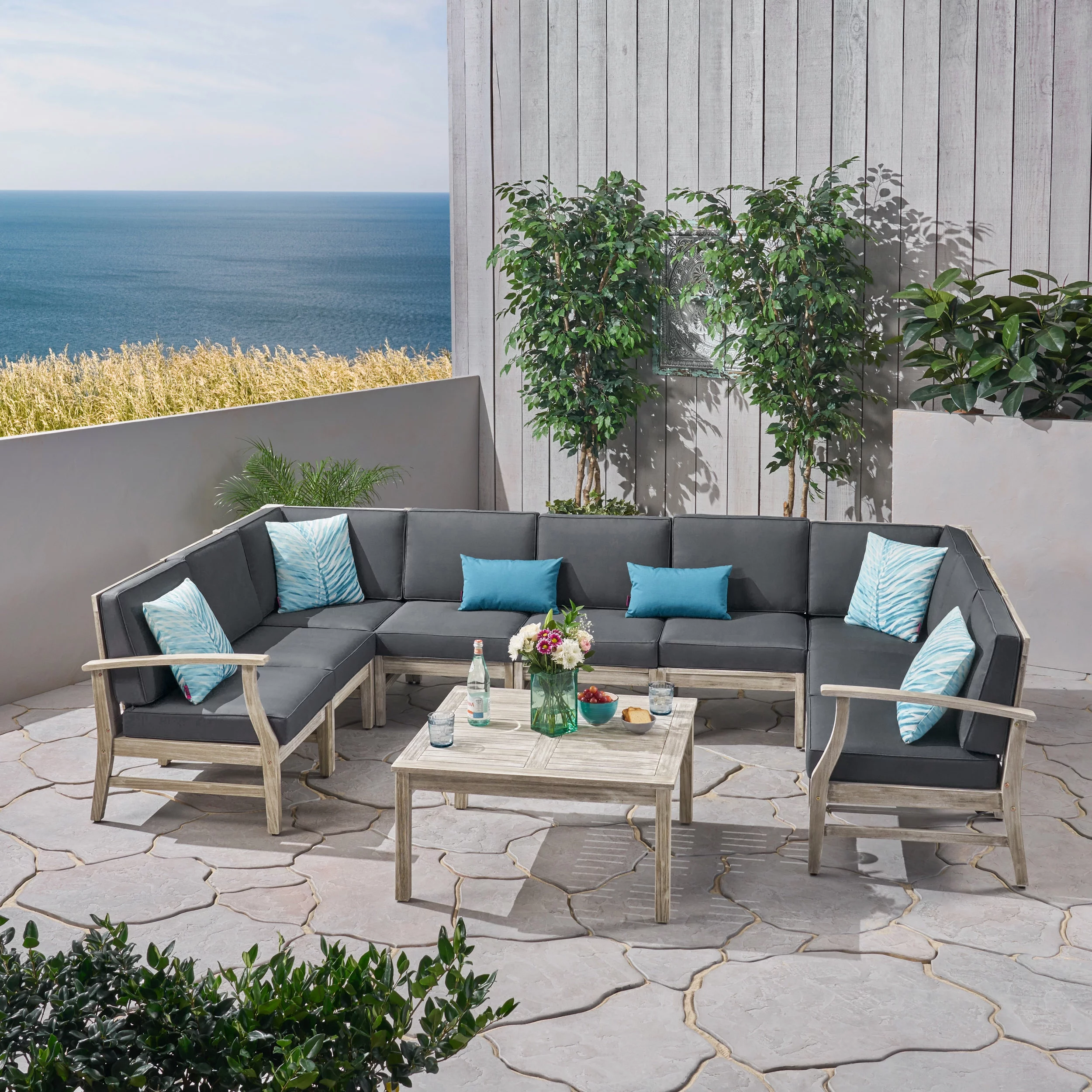 GDF Studio Judith Outdoor Acacia Wood Sofa Sectional Set, Light Gray