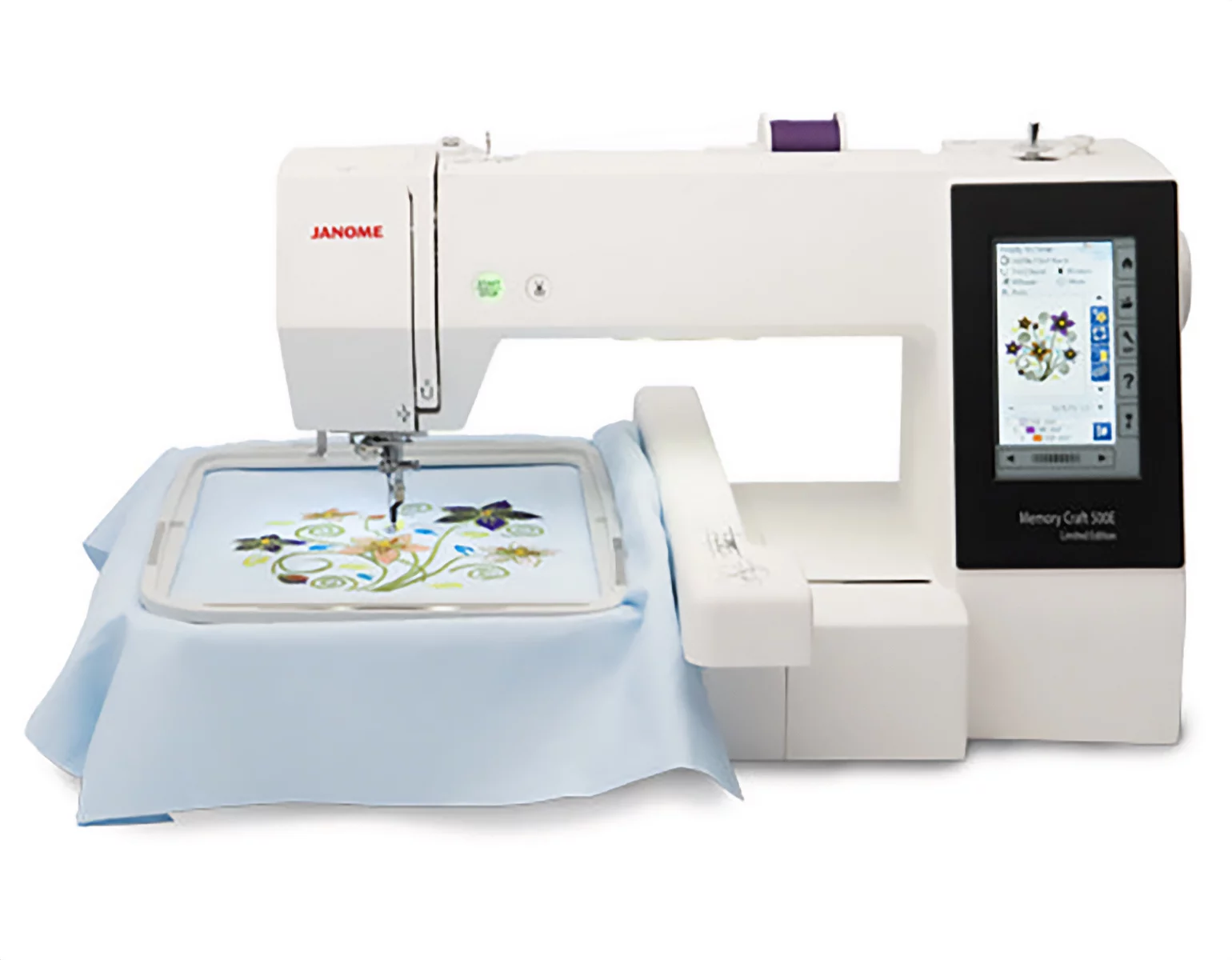 Janome Memory Craft 500E Limited Edition Computerized Embroidery Machine with Hat Hoop Bundle