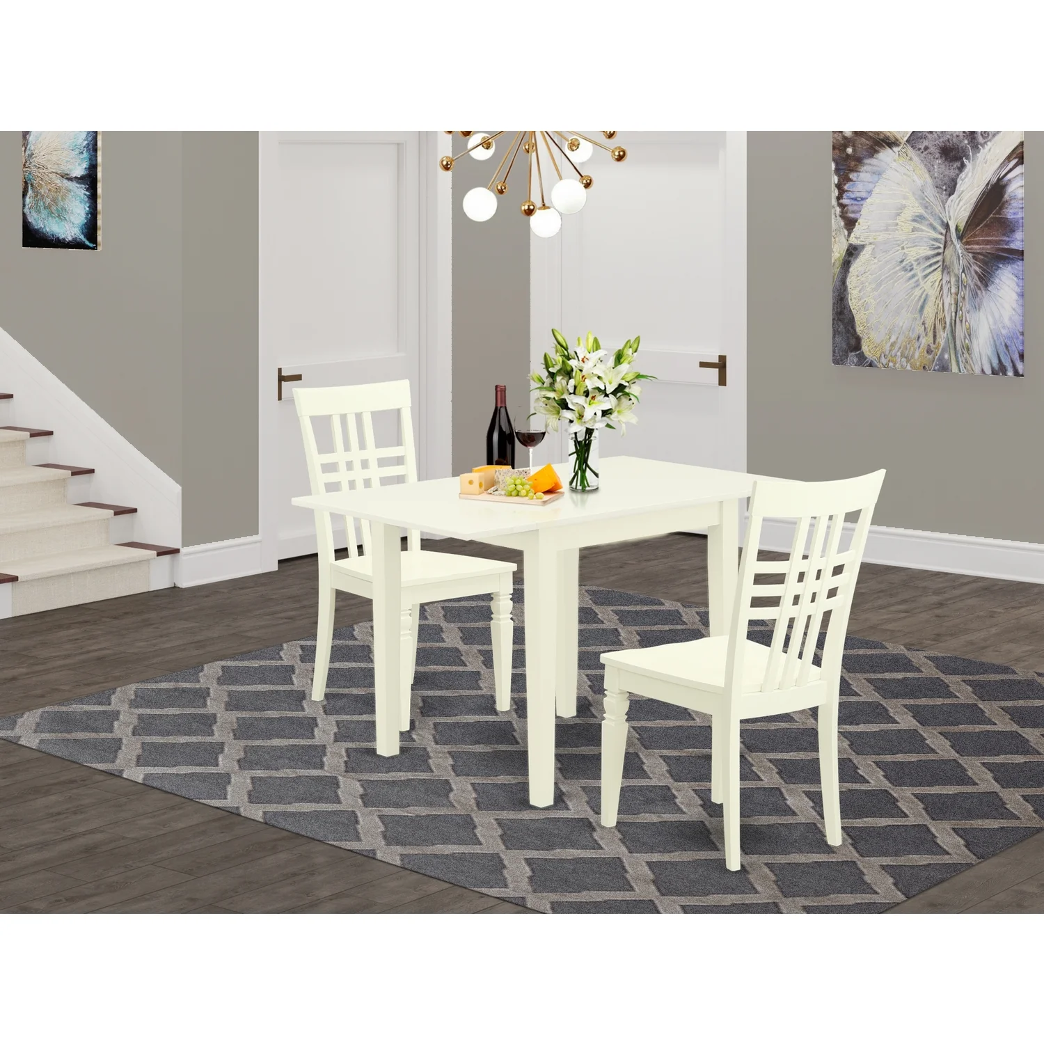 East West Furniture Norden 3-piece Dining Set with Panel Back in Linen White