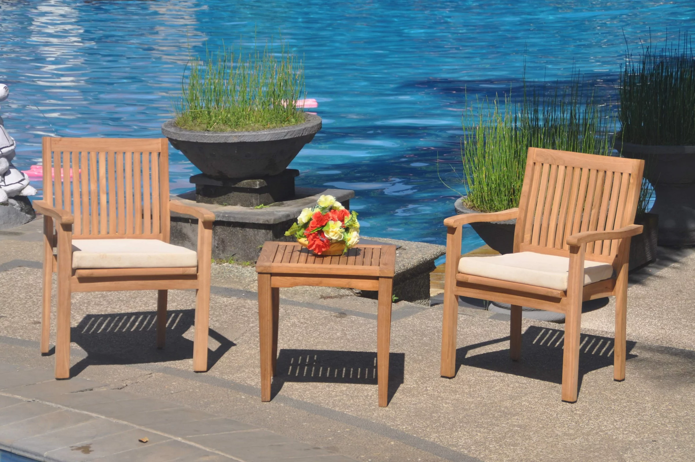 Grade-A Teak Dining Set: 2 Seater 3 Pc: Sack Side Table And 2 Leveb Stacking Arm Chairs Outdoor Patio WholesaleTeak #WMDSWVm