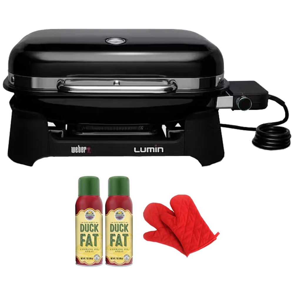 Weber 91010901 Lumin Compact Indoor Outdoor Electric Grill, Black Bundle with Pair of Red Heat Resistant Oven Mitt and 2-Pack Gourmet Duck Fat Spray Cooking Oil