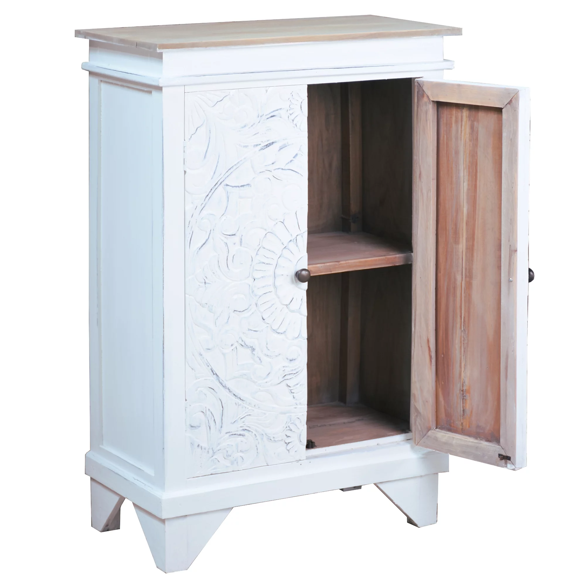 Cottage Solid Wood Carved Accent Cabinet in Distressed White/Driftwood Brown