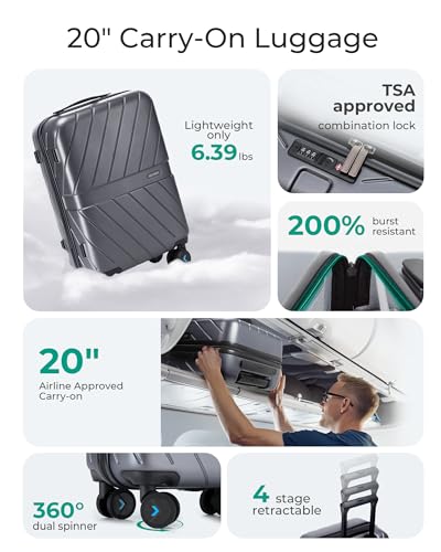 BAGSMART Carry On Luggage 22x14x9 Airline Approved With TSA Lock, 1OO% Polycarbonate Hardside Luggage with Spinner Wheels, Durable Hard Shell Carry On Suitcase 20 inch Black