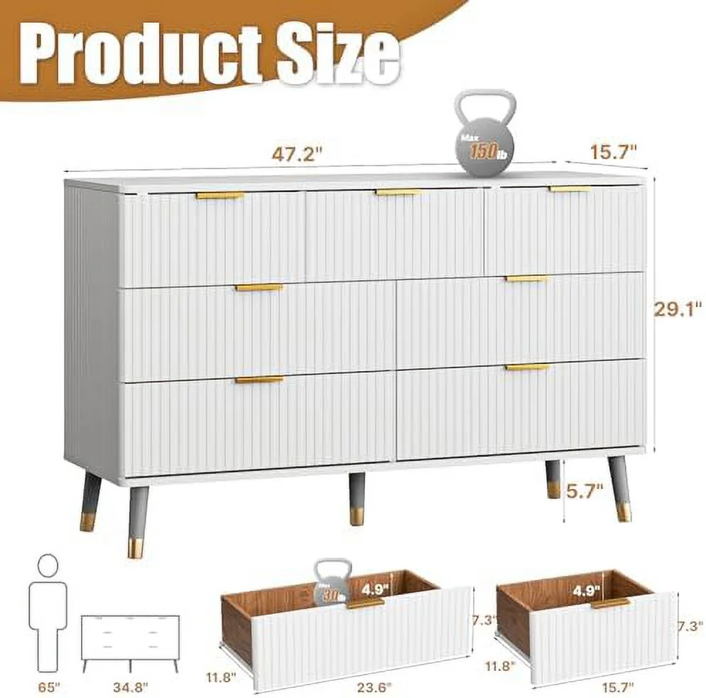 7 Drawer Dresser for Bedroom  Fluted White and Gold Dresser with Curved Profile Design   Dresser Wood  Dressers & Chests of Drawers for Closet  Bedroom  Hallway