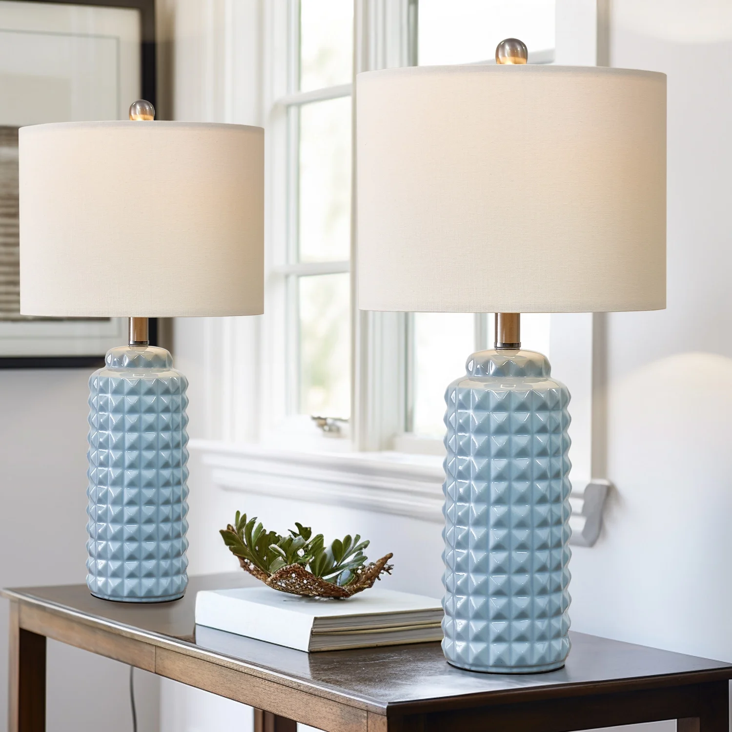 Oneach Contemporary Ceramic Table Lamp for Living Room Bedroom Light Blue 24.5