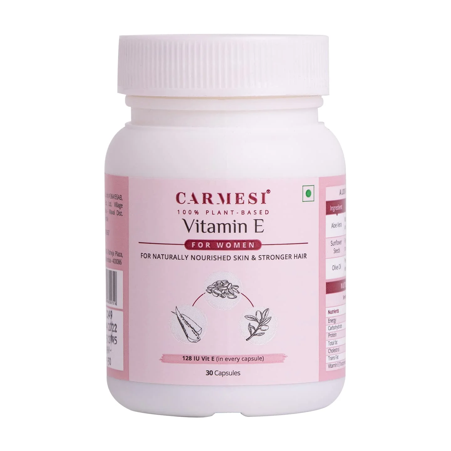 Carmesi 100% Plant-Based Vitamin E Capsules for Women | For Naturally Nourished Skin & Hair | Aloe Vera, Sunflower Seeds, Olive Oil | No Added Sugar | 30 Capsules