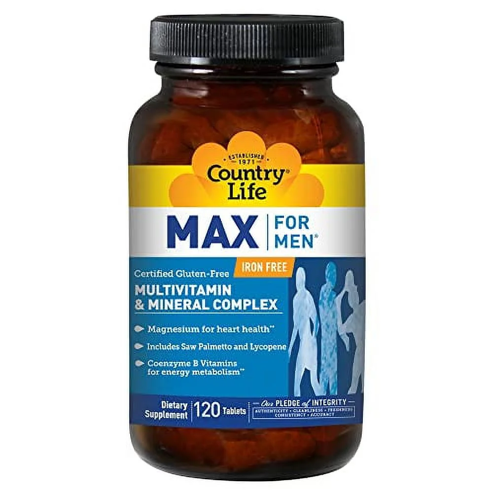 Country Life Max for Men, Multivitamin & Mineral Complex, Iron-Free, Vegetarian Tablets, 120 Count, Certified Gluten Free, Certified Vegetarian