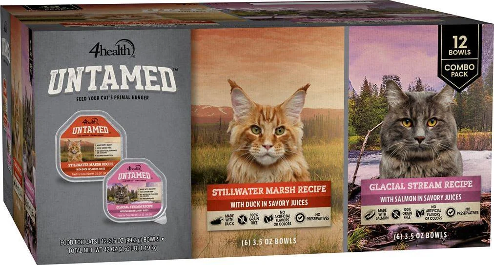 4health Untamed Adult Grain-Free Stillwater Marsh Recipe/Glacial Stream Recipe Wet Cat Food, 3.5 oz., Pack of 12 Trays