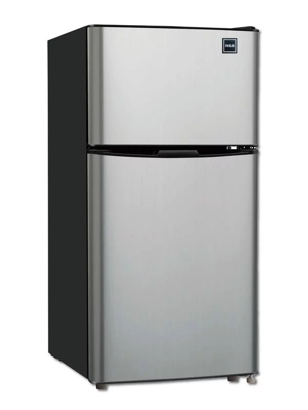 RCA 4.7 Cu ft Two Door Mini Fridge with Freezer RFR459, VCM Stainless Steel