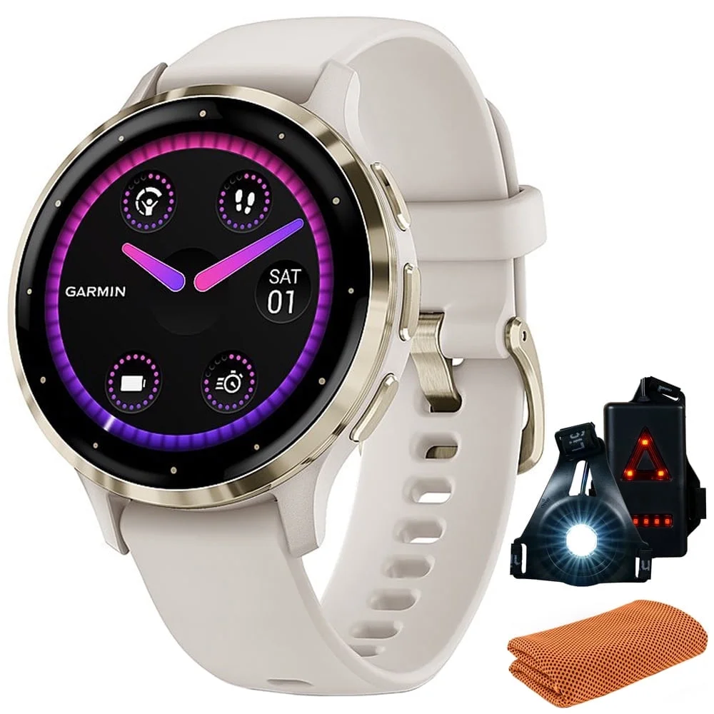 Garmin 010-02785-04 Venu 3S Health Fitness GPS Smartwatch Gold Steel Bezel with Ivory Case (41mm) Bundle with Workout Sport Towel and Deco Essentials Wearable Commuter Front and Rear Safety Light