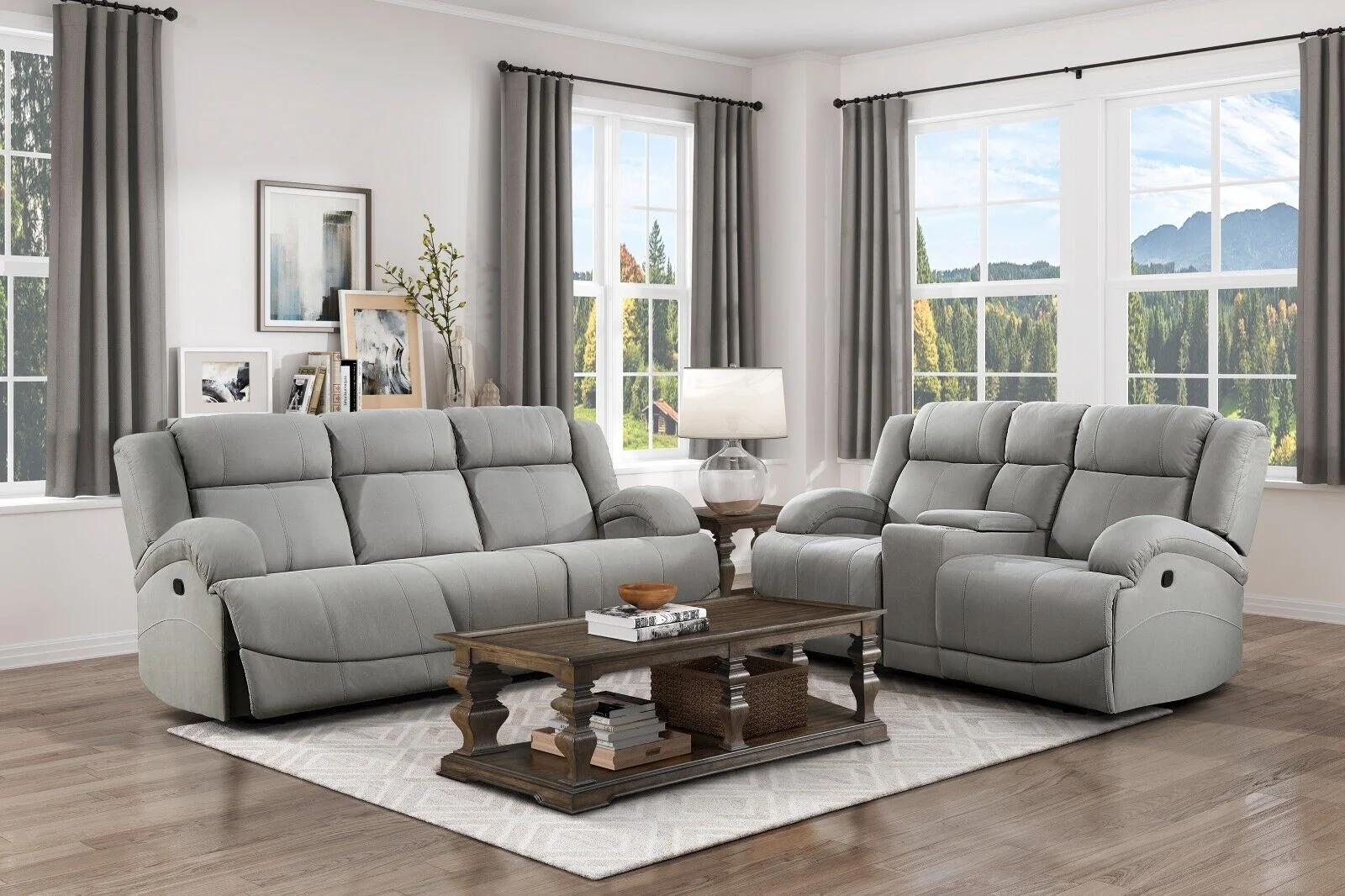 Gray Color Polished Microfiber Upholstered Reclining Sofa Set 2pc Sofa Console Loveseat Modern Living Room