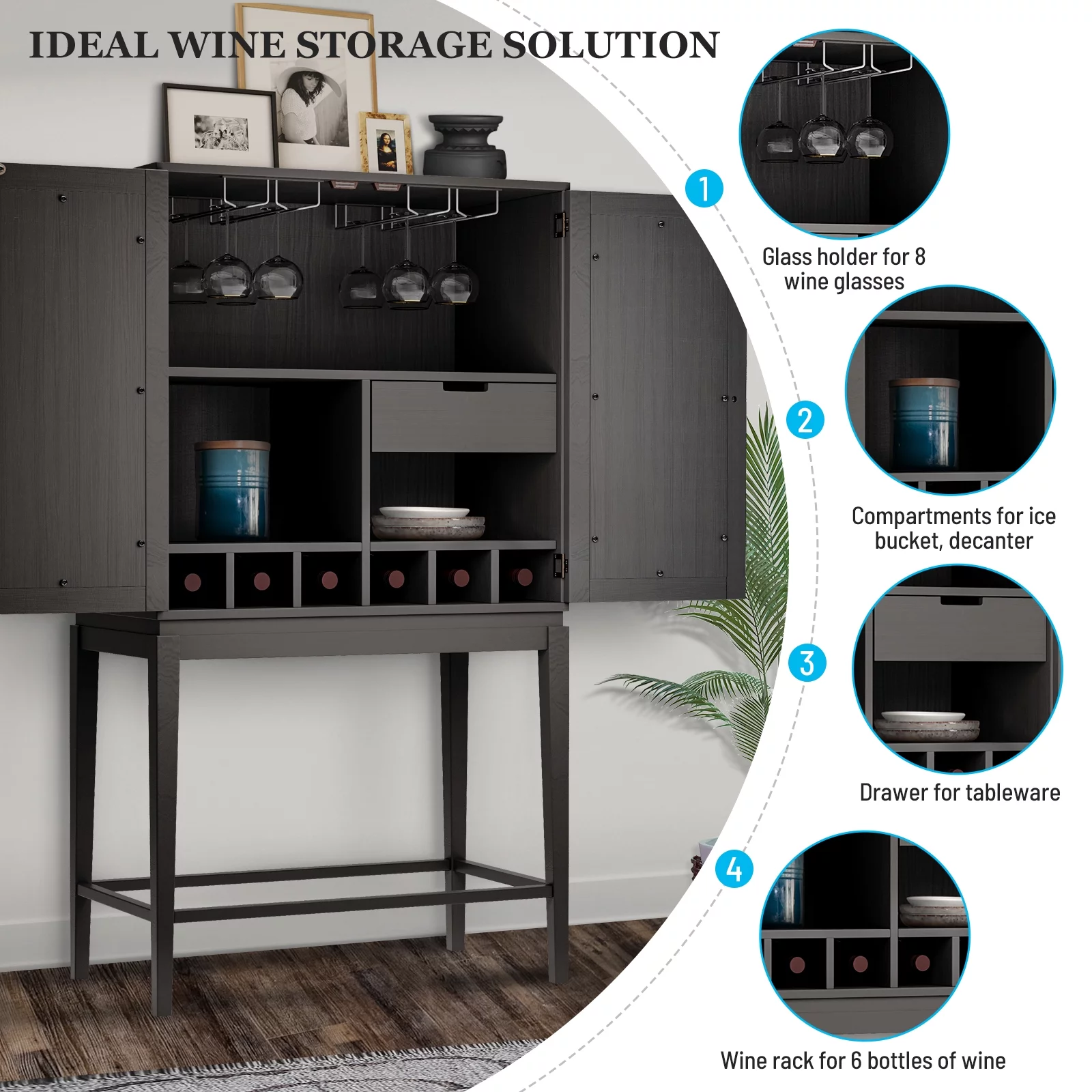 Docooler Cabinet Solid Rubber Wood Rack Double Mirror Door Bar Cabinet Kitchen Organizer with Glass Holder Sideboard for Dining Room