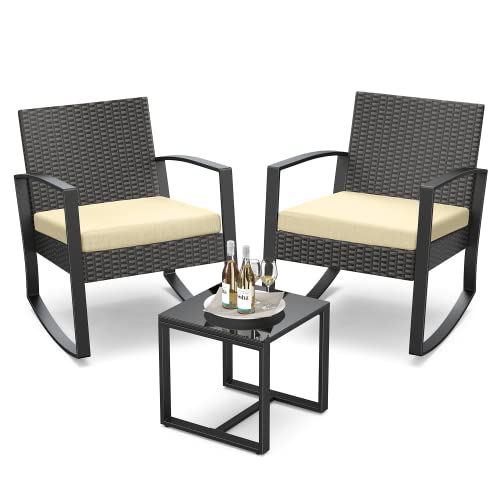 3 Pieces Patio Furniture Set Rocking Bistro Set Outdoor Rattan Conversation with Coffee Table for Garden Balcony Backyard Poolside (Grey Cushion)