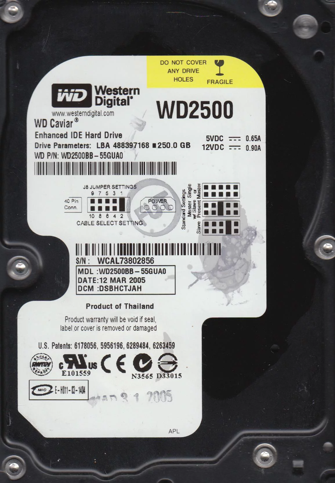 WD2500BB-55GUA0, DCM DSBHCTJAH, Western Digital 250GB IDE 3.5 Hard Drive