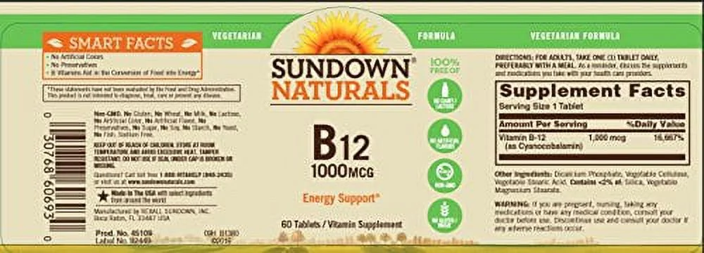 Sundown Vitamin B-12 High Potency 1000 mcg, 60 Tablets (Pack of 3)