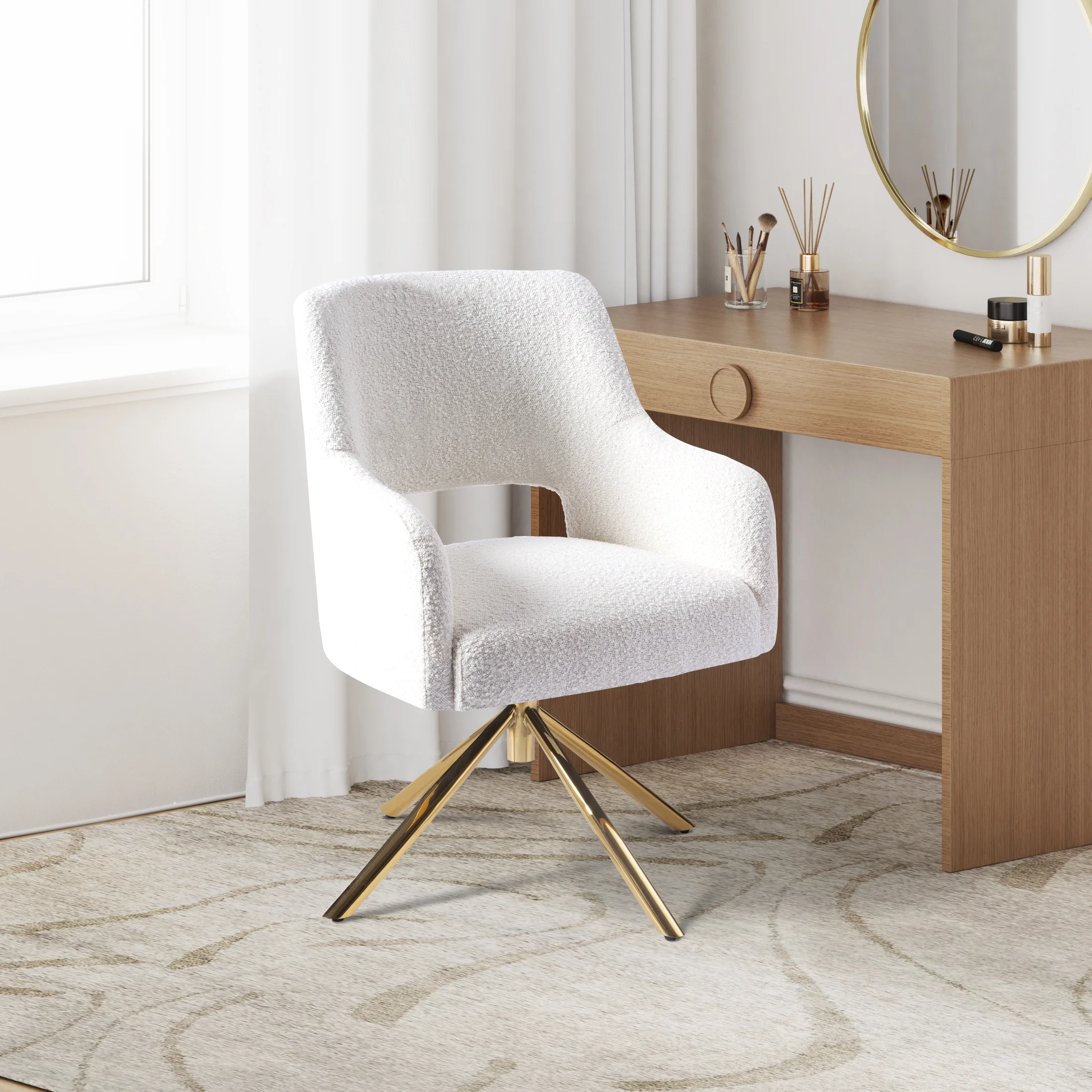 Mid-Century Modern Water and Stain Resistant Boucle Fabric Upholstered Swivel Accent Chair, Cream