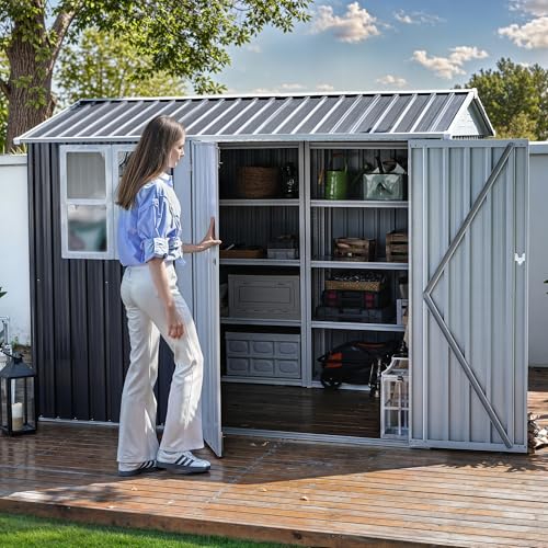 DWVO 8x6ft Metal Outdoor Storage Shed with Window, Lockable Tool Storage Sheds, Oversized Steel Garden Sheds with Sloped Roof for Backyard, Patio, Garage, Lawn (Gray + White)