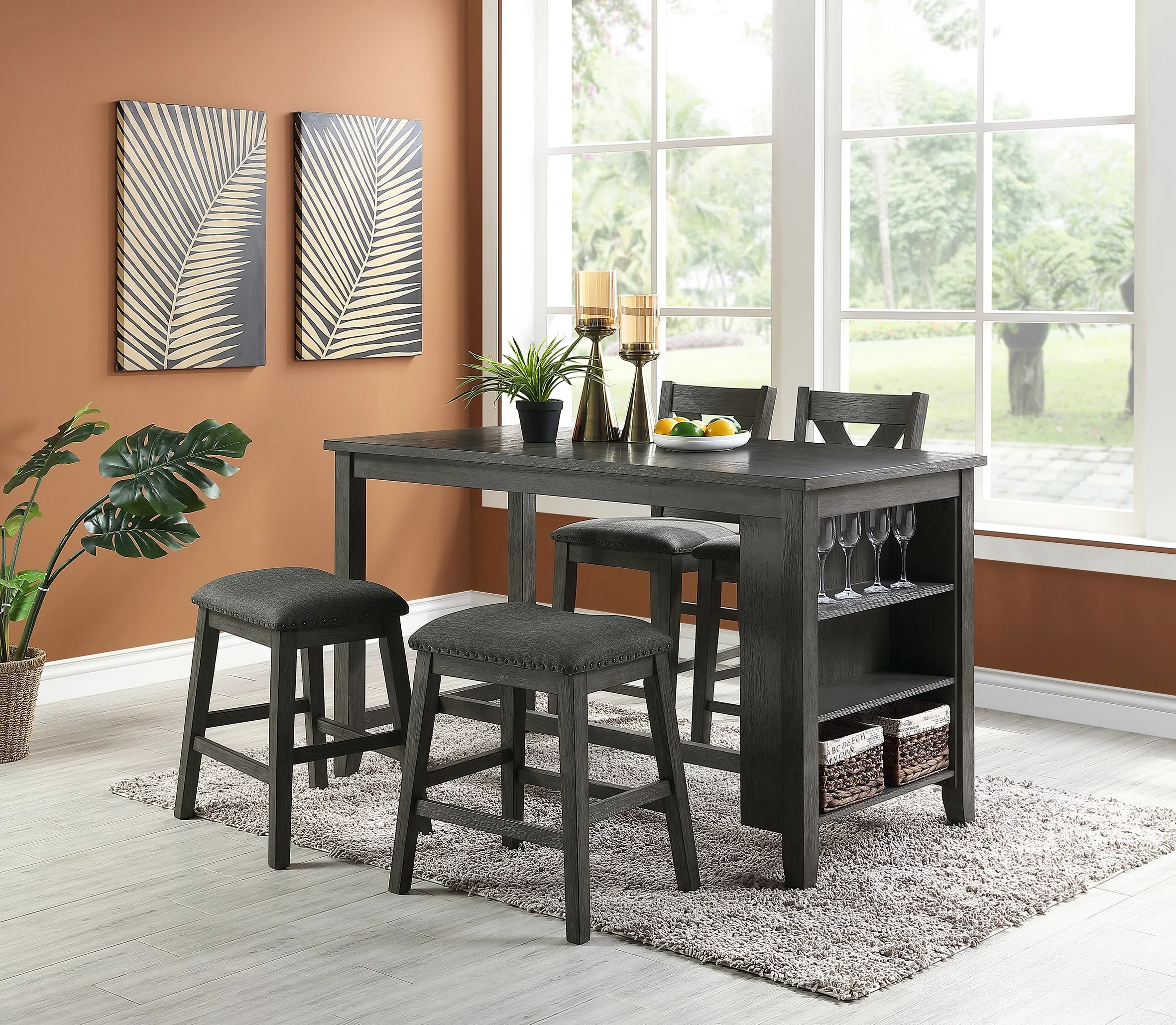 Modern Dark Brown Finish 5pc Counter Height High Dining Table w Storage Shelves High Chairs And Stools Wooden Kitchen Breakfast Table Dining Room Furniture