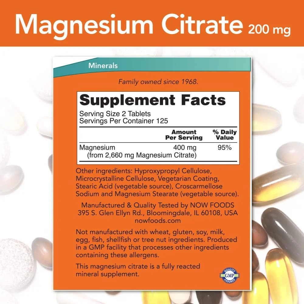 NOW Magnesium Citrate 200 mg,250 Tablets