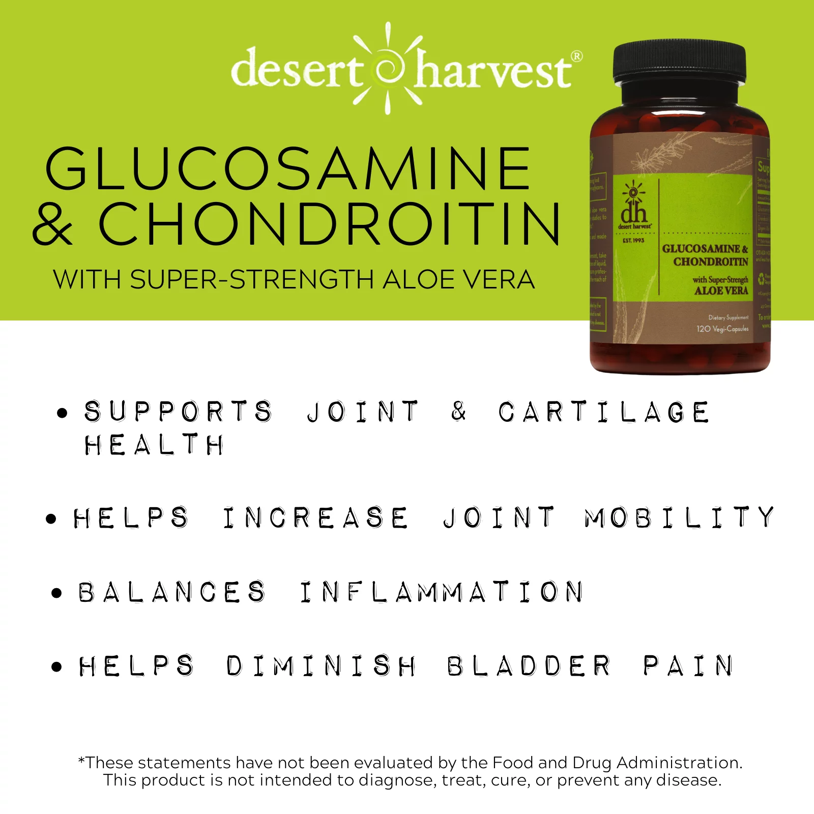 Desert Harvest Glucosamine & Chondroitin Supplement with Aloe Vera for Absorption - Support to Maintain Healthy Joint Function and Mobility, IC Support - 120 Capsules
