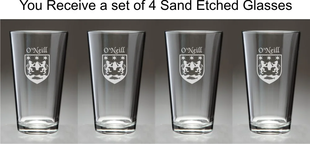 O'Neill Irish Coat of Arms Pint Glasses - Set of 4 (Sand Etched)