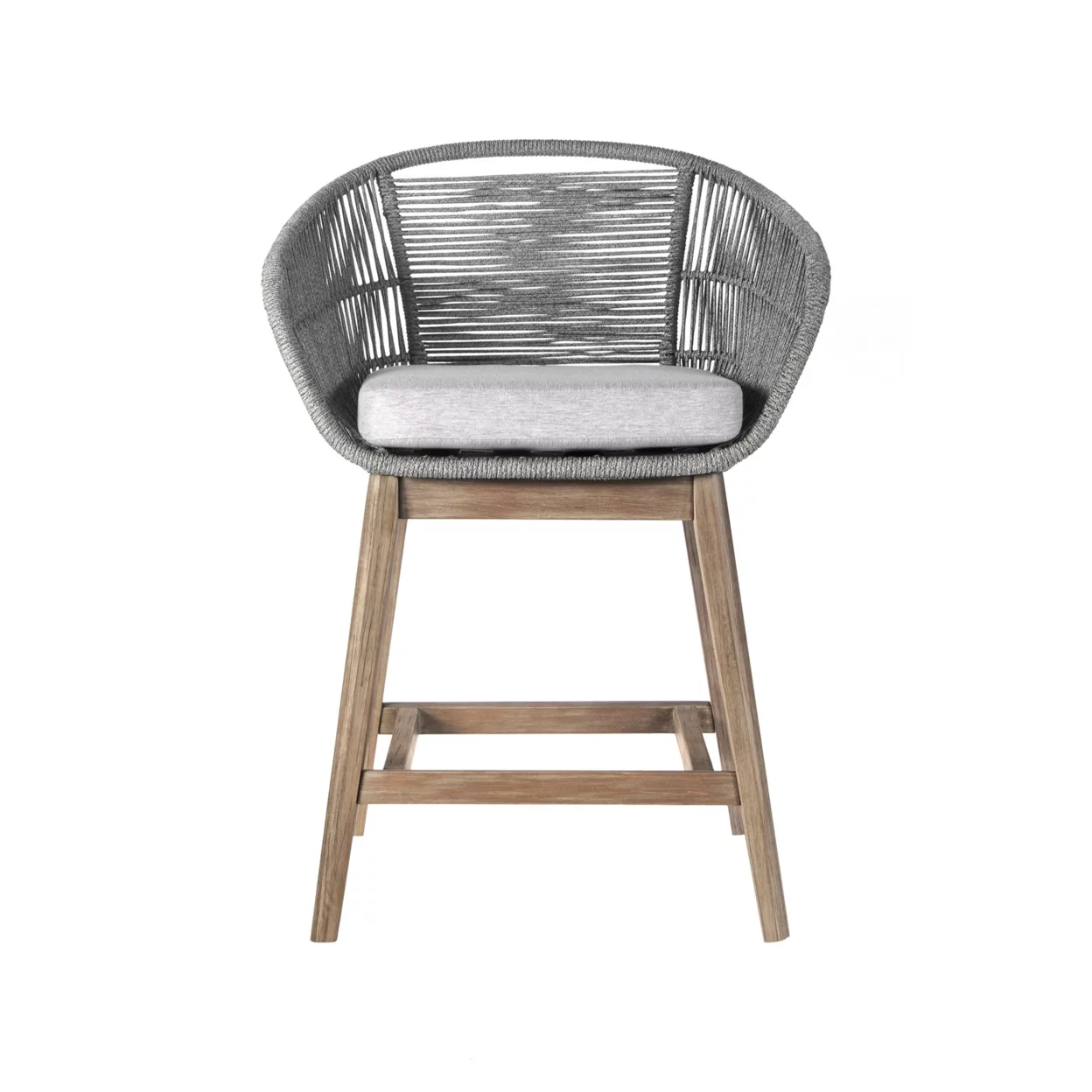 Mila 26 Inch Outdoor Teak Wood Counter Stool Chair, Rope Woven, Gray, Brown- Saltoro Sherpi
