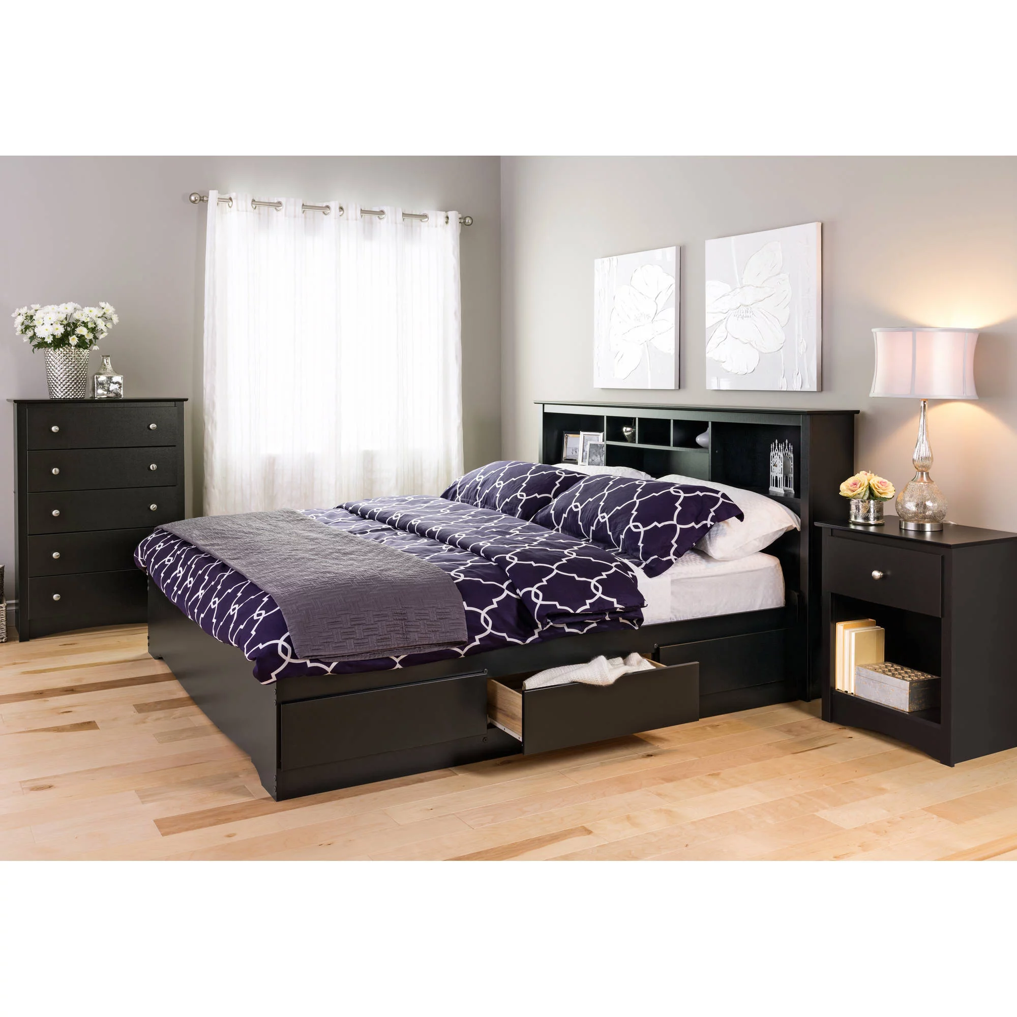 Prepac Sonoma Traditional Tall Bedroom Nightstand with Open Shelf, 1-Drawer, Black