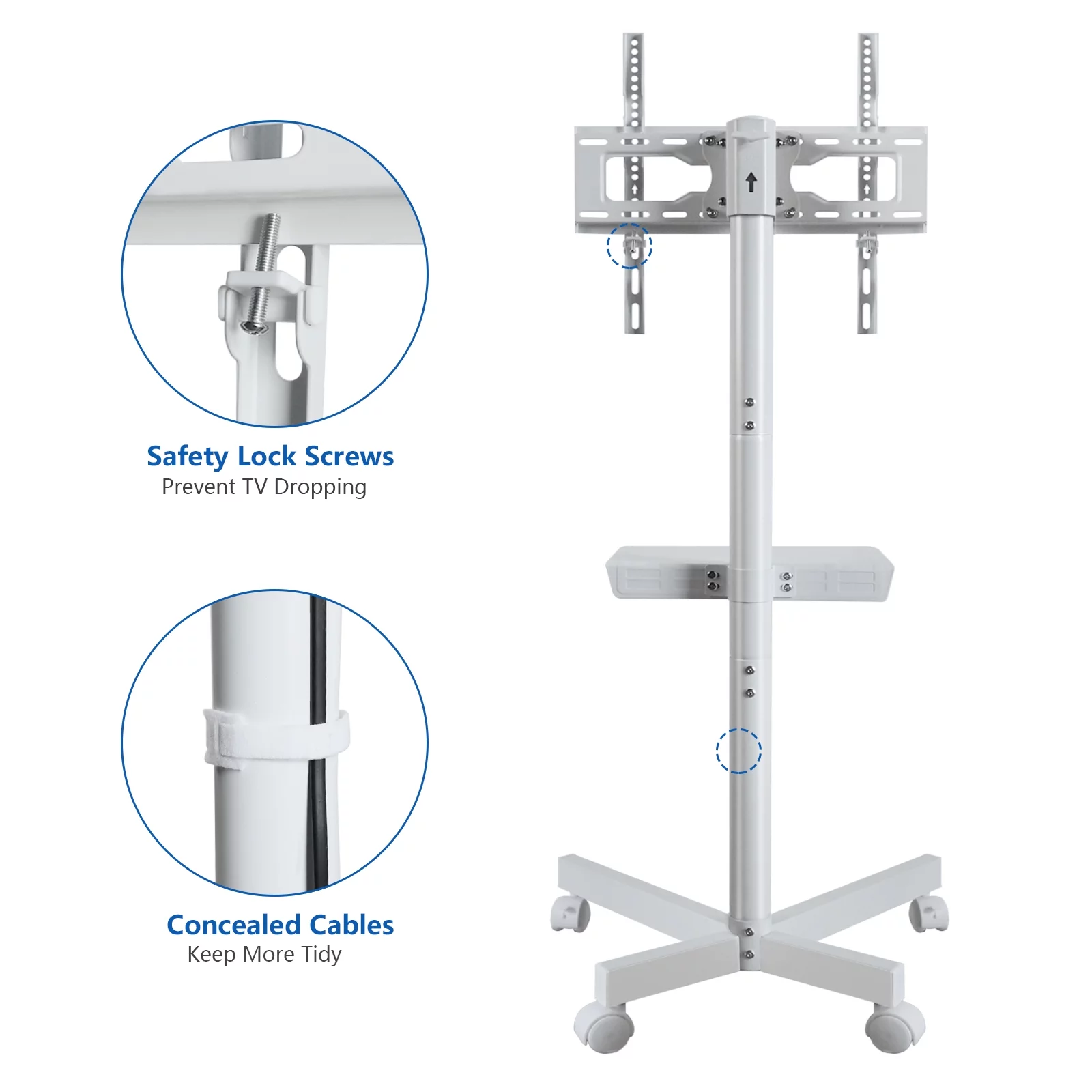 White TV Stand with Wheels for 23 to 55 60 inch Flat Screen TVs, White Shelf