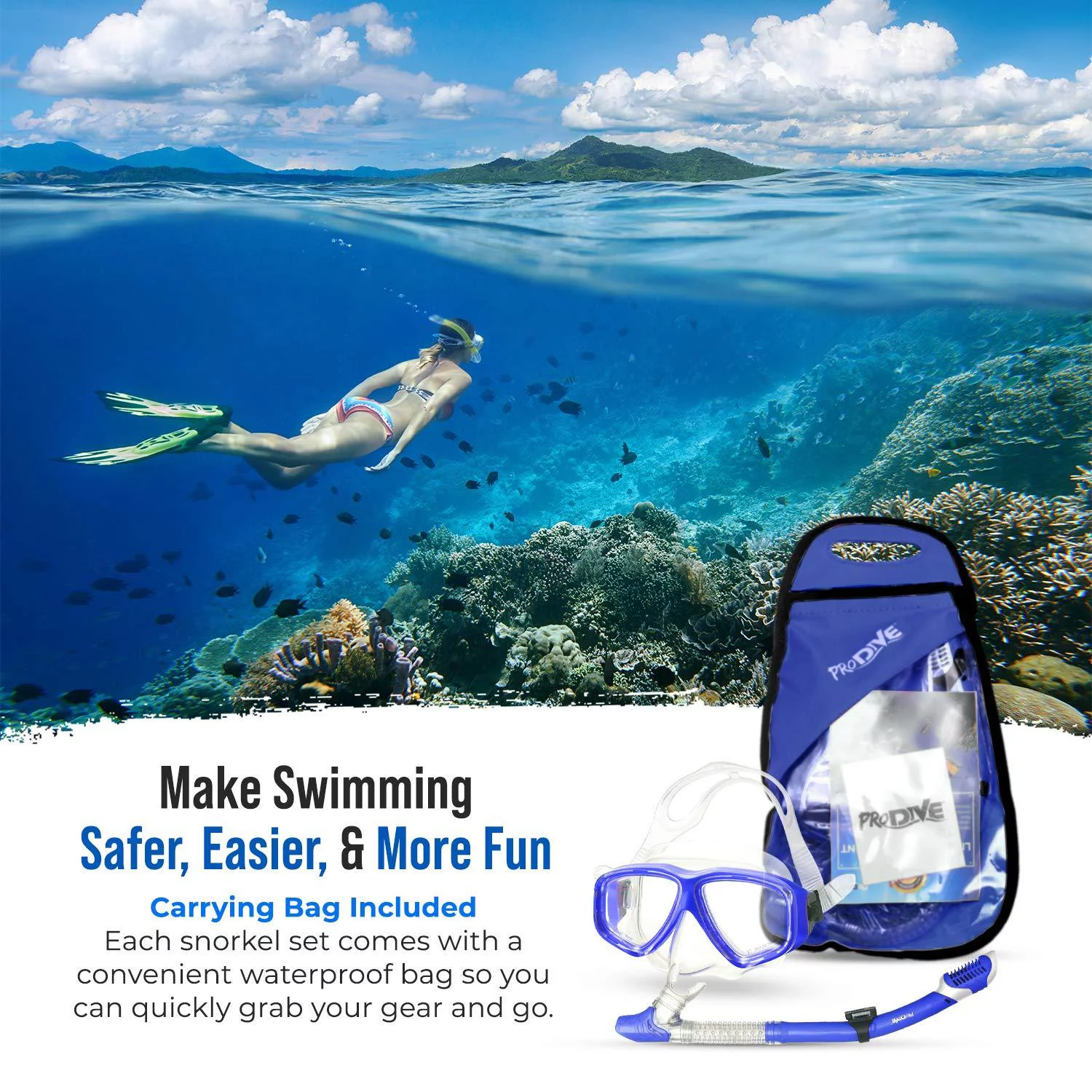 ProDive Dry Top Snorkel Set with Tempered Glass Diving Mask, Watertight and Anti-Fog Lens and Waterproof Gear Bag, Diving Gear or Snorkeling Gear with Snorkel Mask. Snorkel and Mask Set