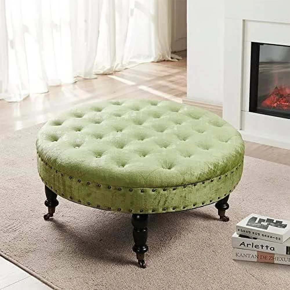 Green Tufted Round Ottoman Coffee Table 34"x 34"x 17"H Large Sturdy Decorative Textured Velvet Cocktail Ottoman for Living Room Bedroom  Large Stable Foot Rest Stool with Cast