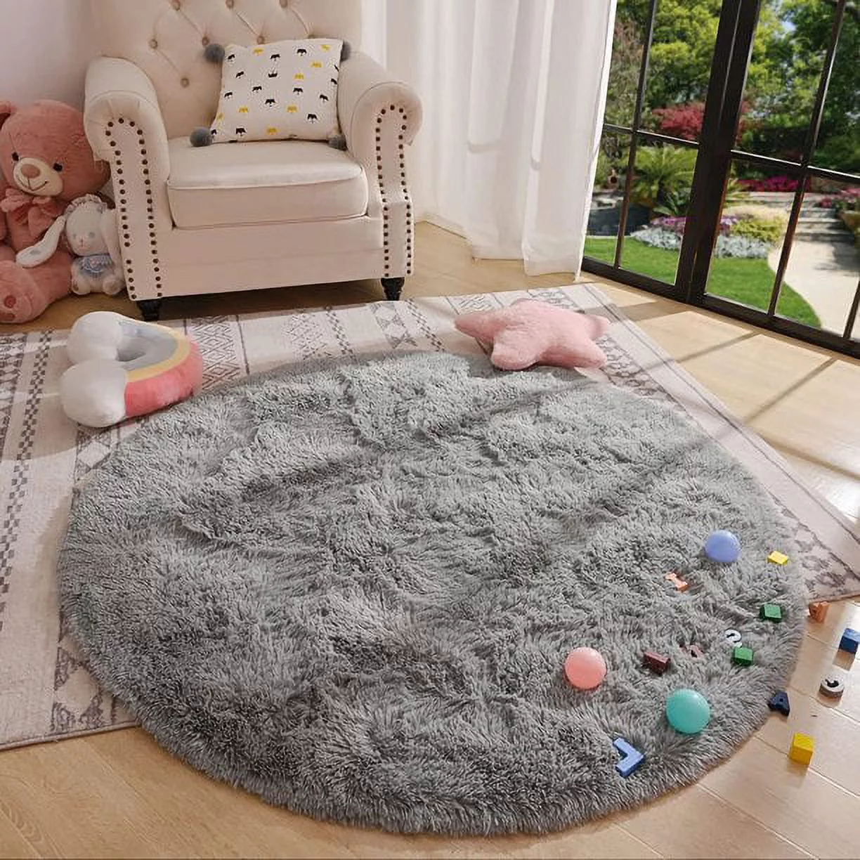 LOCHAS Luxury Round Fluffy Area Rugs for Bedroom Kids Nursery Rug Super Soft Living Room Home Shaggy Carpet 4 Feet, Gray