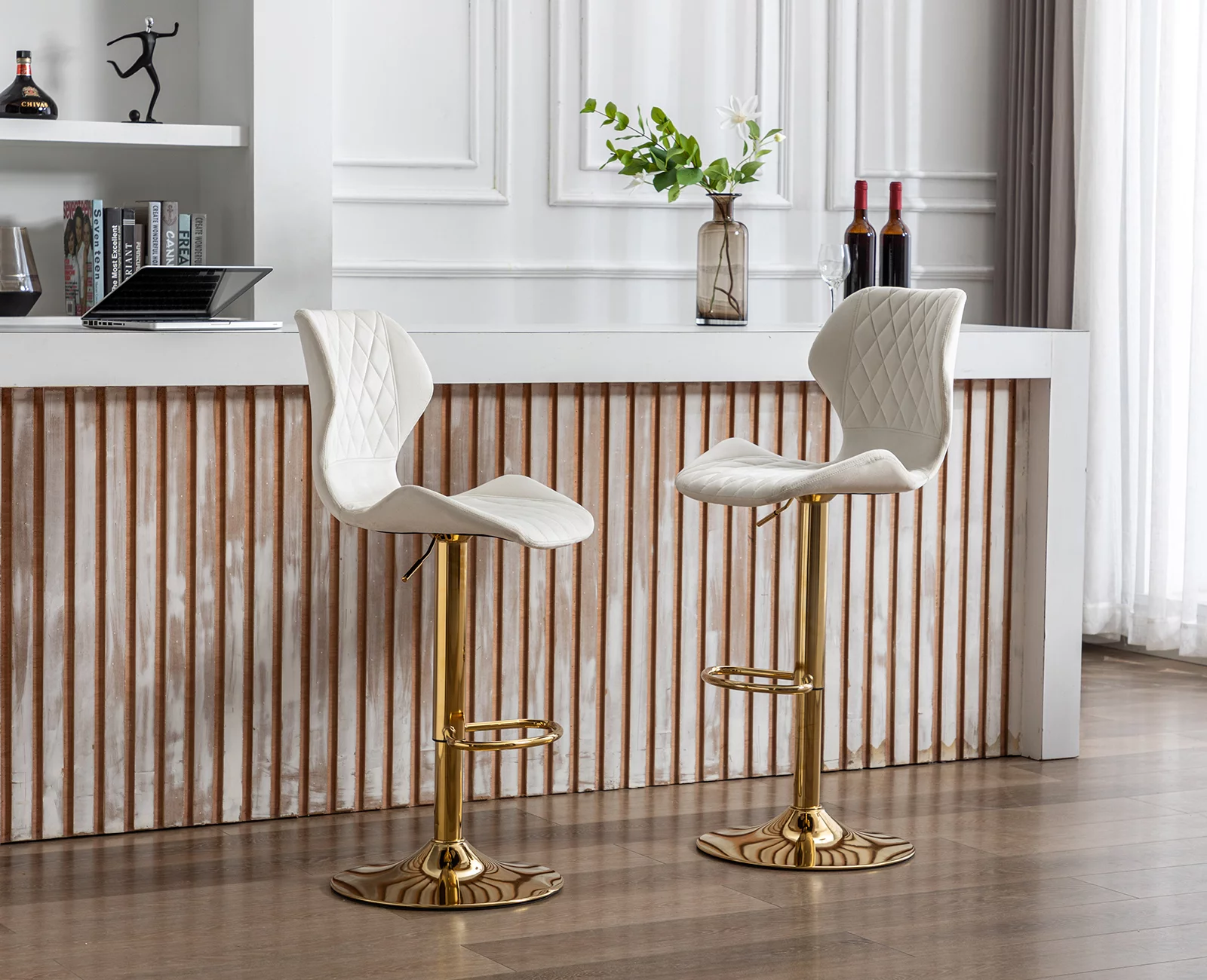 Guyou Adjustable Swivel Bar Stools Set of 2, Modern Velvet Counter Height Chairs with Backrest and Footrest for Kitchen Island Bar Restaurant, Cream