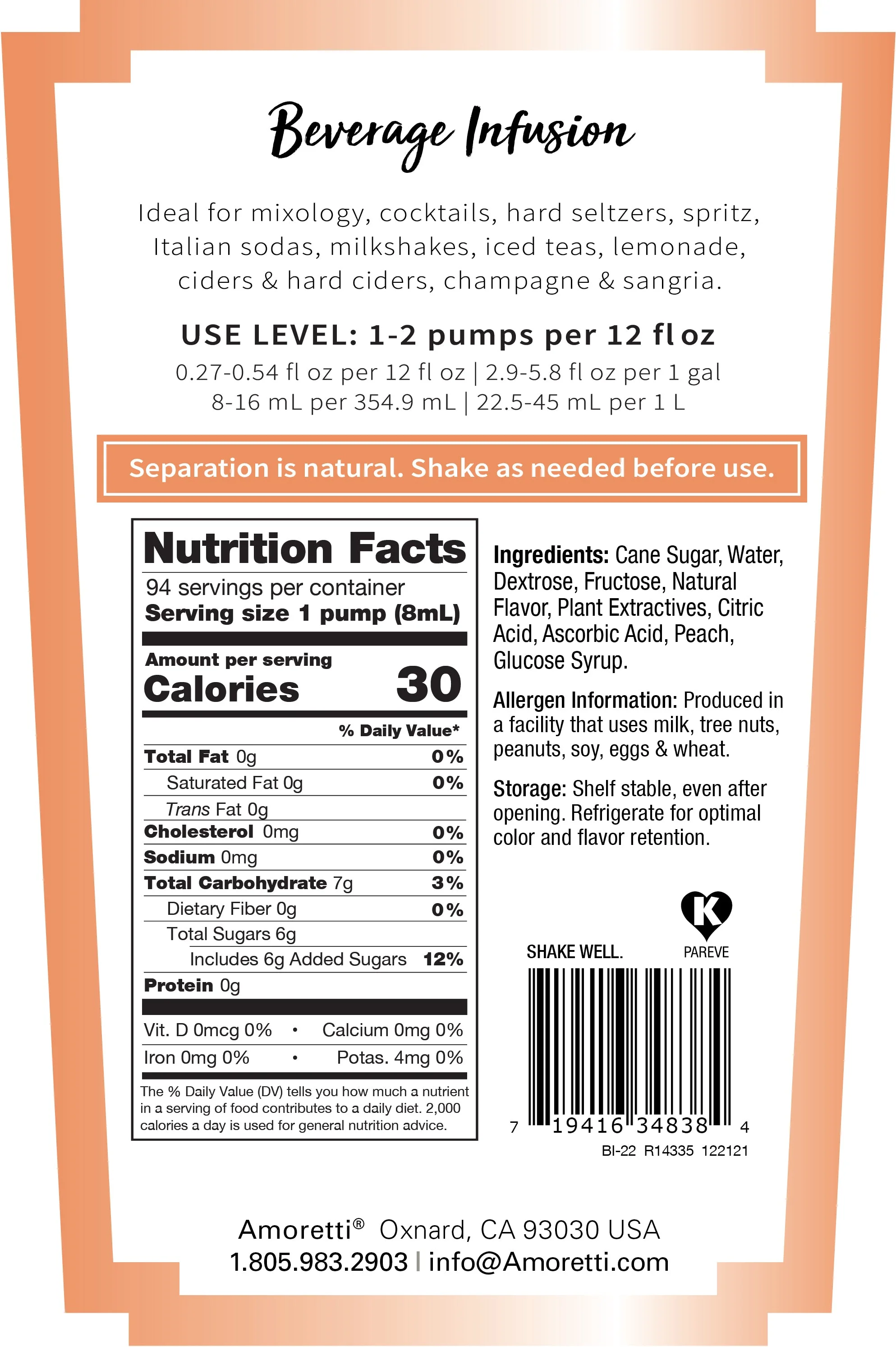 Amoretti - Peach Beverage Infusion - Drink Mix & Water Enhancer with Pump for Flavoring Cocktails, Waters, Teas, and other Beverages, 94 Servings Per Bottle (750 ml), Preservative Free