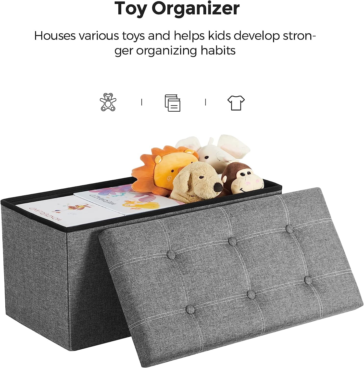 SONGMICS Storage Ottoman Holds 660 lb Ottoman with Storage Folding Storage Bench Footstool for Entryway Living Room Light Gray