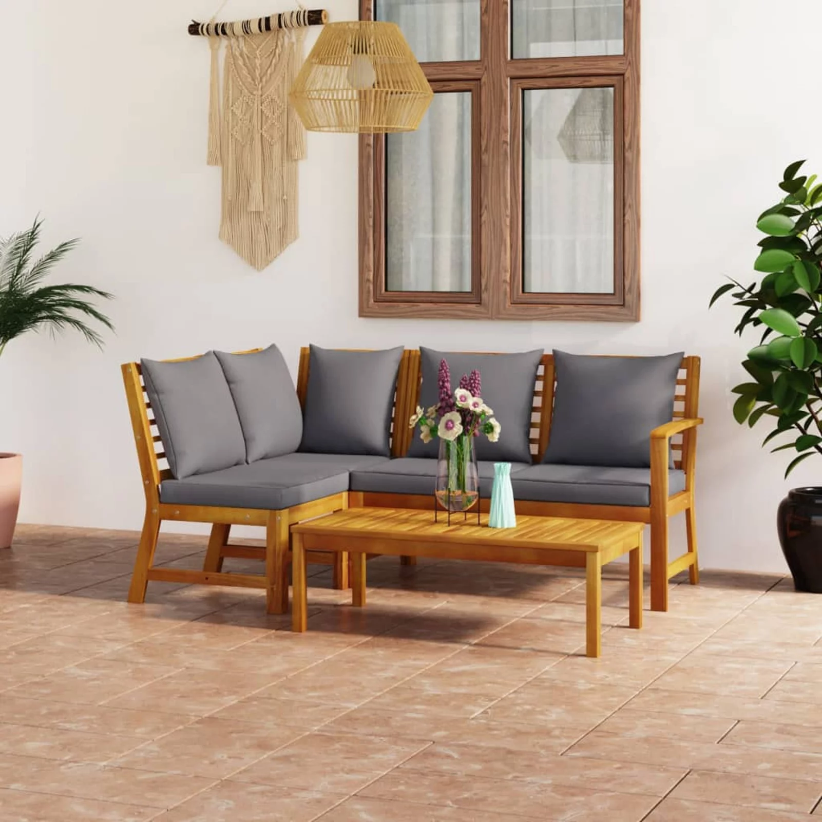 4 Piece Patio Set with Cushion Solid Acacia Wood