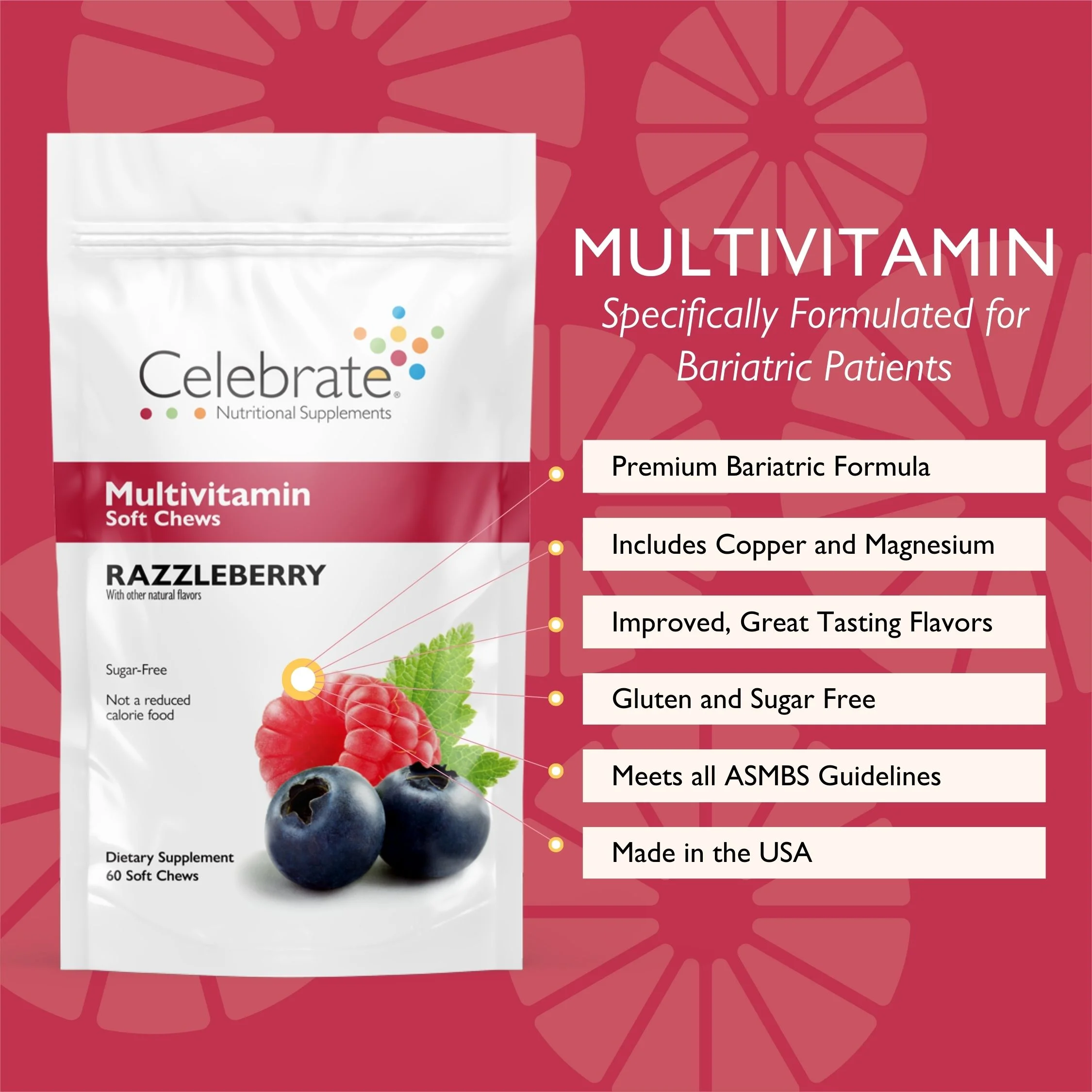 Celebrate Vitamins Bariatric Multivitamin Soft Chews, Razzleberry, 60 count