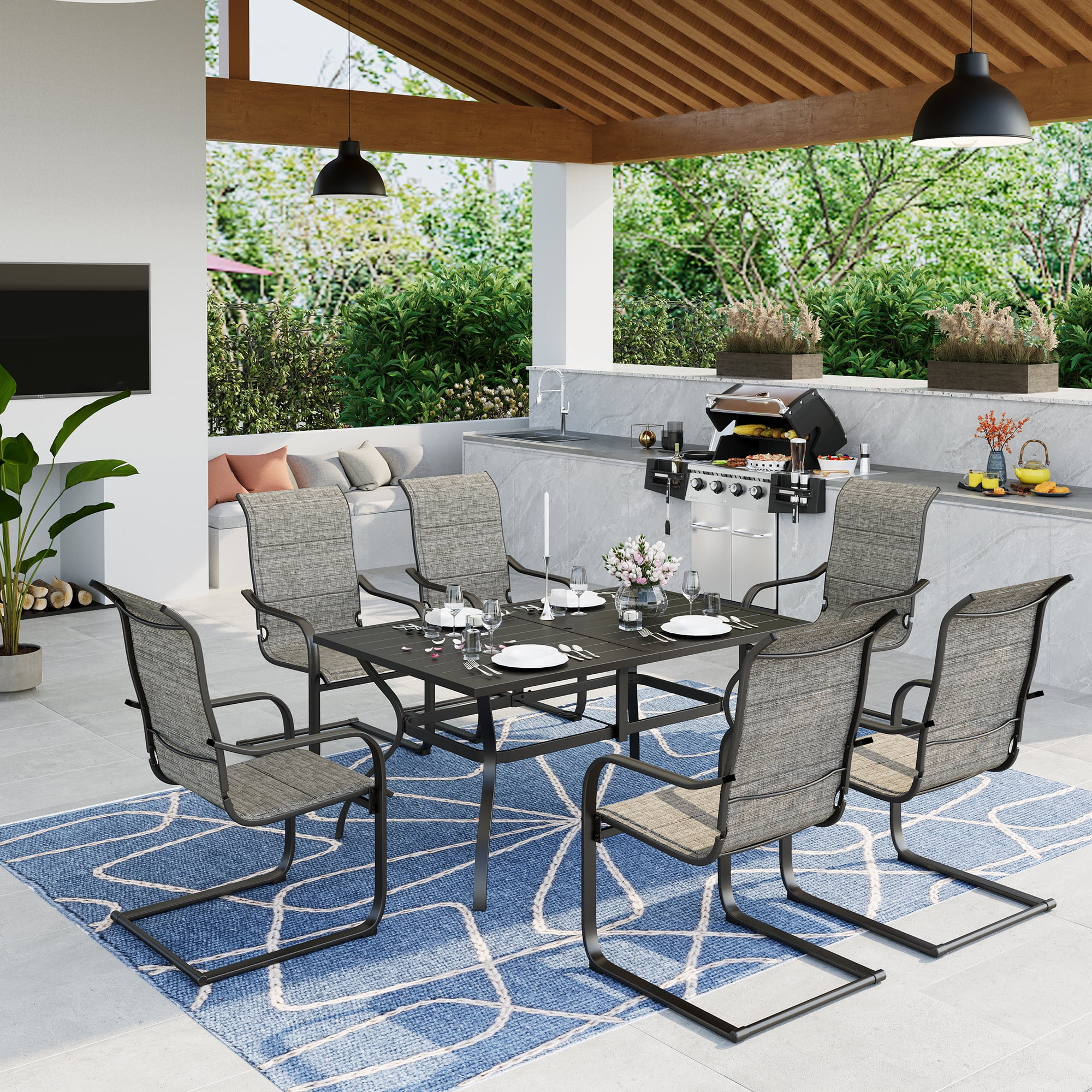 MF Studio 7 Pieces Outdoor Patio Dinning Set with 1 Metal Dinning Table and 6 Pieces Textilene C Spring Chairs, Black&Gray