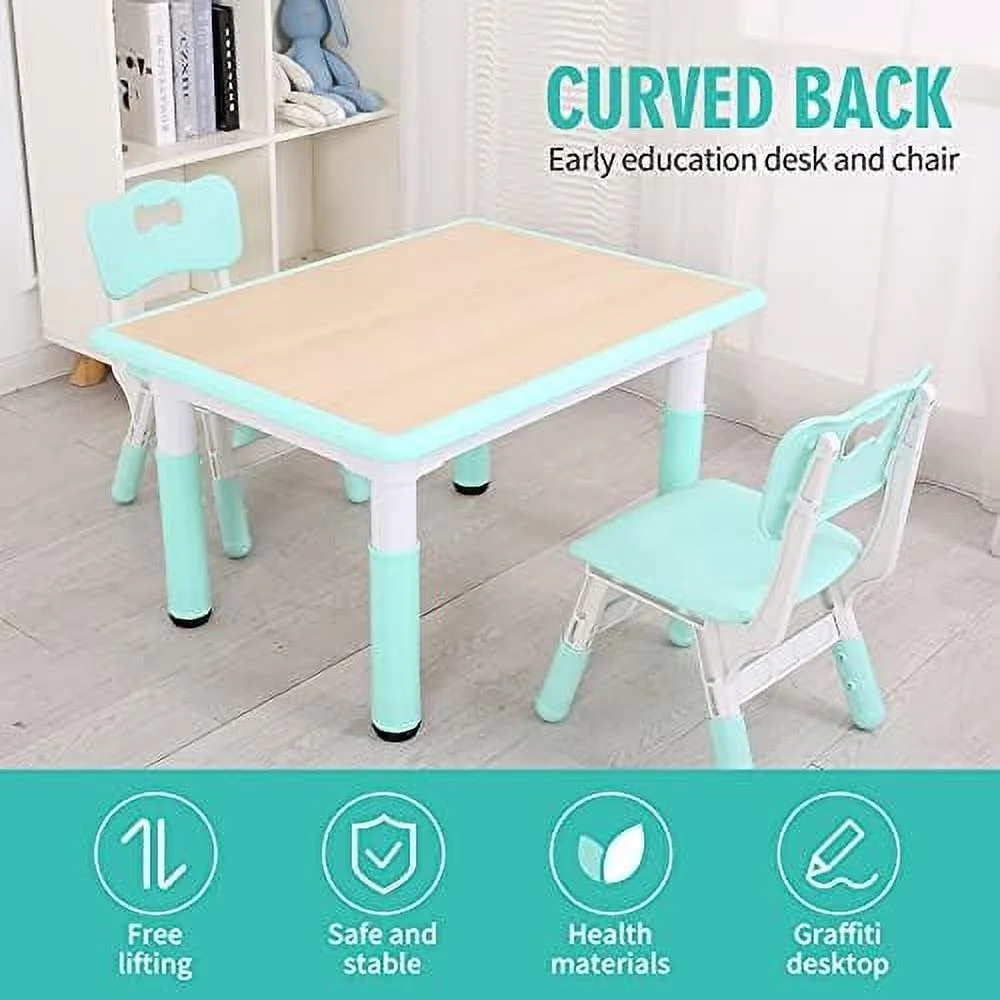- Kids Study Table And Chairs Set, Height Adjustable Plastic Children Art Desk With 2 Seats, Kids Multi Activity Table Set (Maple TOP With Mint Green Border) BY-60-MG